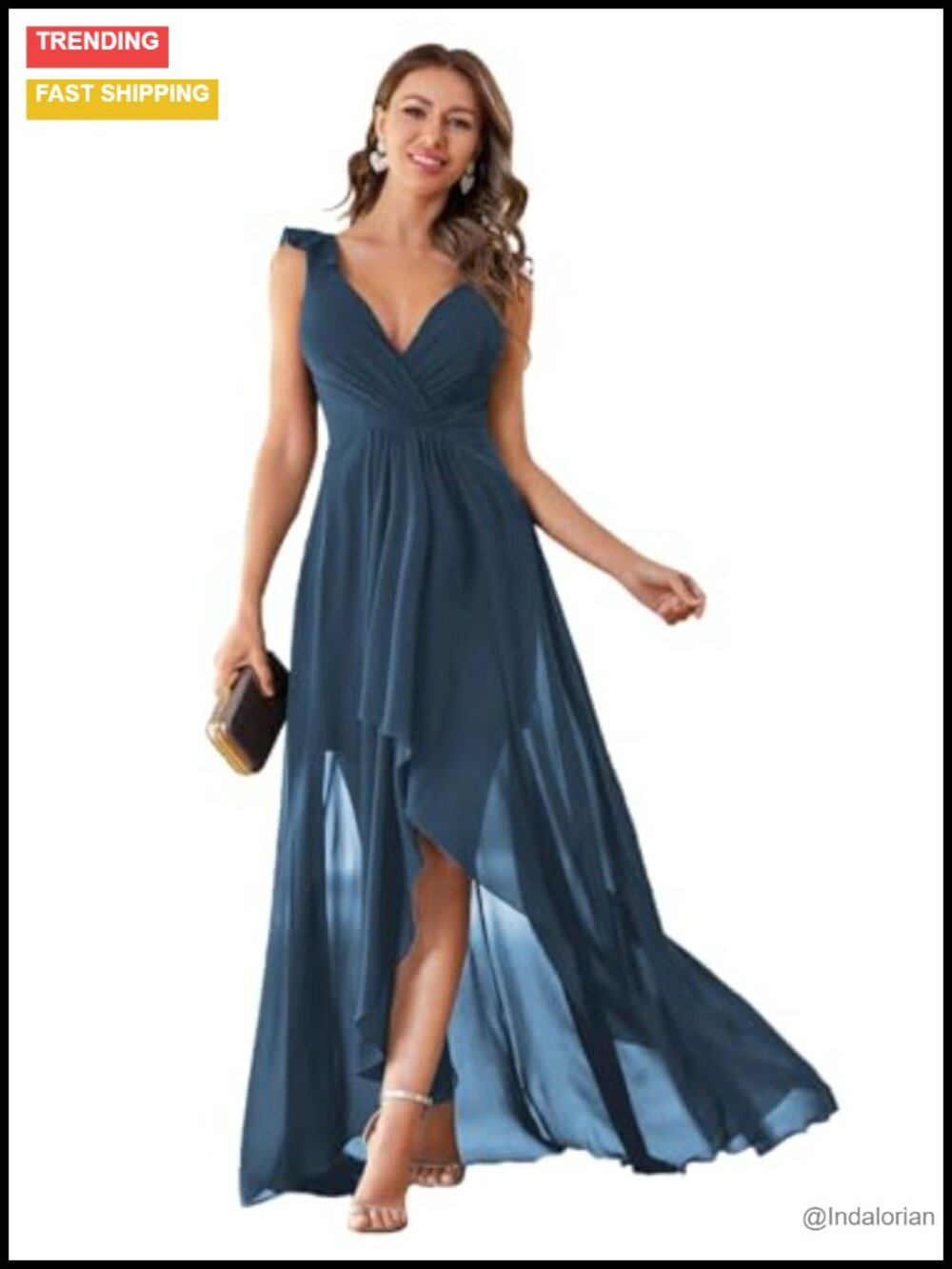 V Neck Ruffled Straps Sleeveless Chiffon High Low Hem Maxi Formal Evening Dress